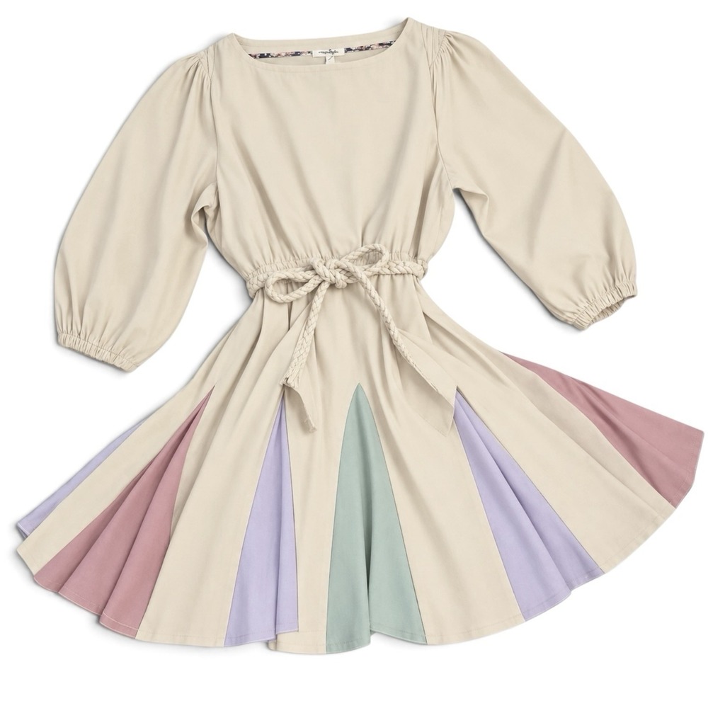 Umgee Dress S Cream Pastel Colorblock Belted Fit Flare 3/4 Sleeve Cottagecore